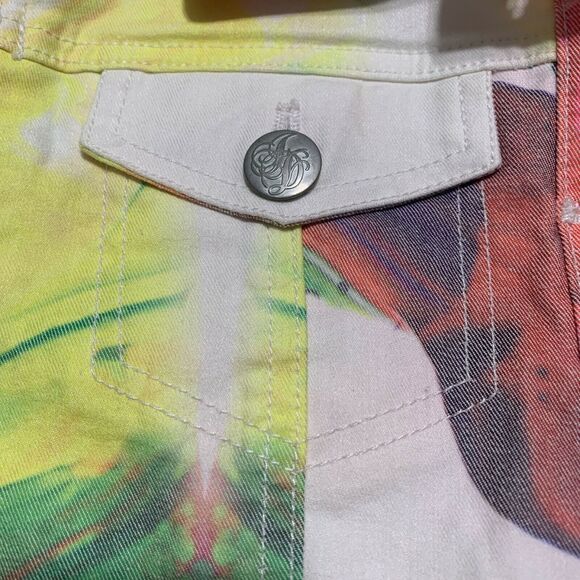 Jane Doe Cropped Denim Jean Jacket Small Womens Multicolor Abstract Button Front - Picture 8 of 9